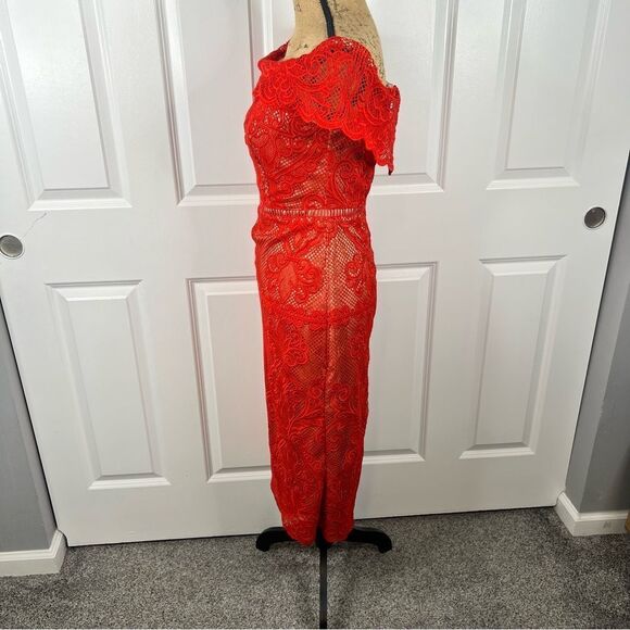 Sz S Stylestalker Stella Midi Off the Shoulder Red Lace Dress $241 MSRP - Picture 5 of 15